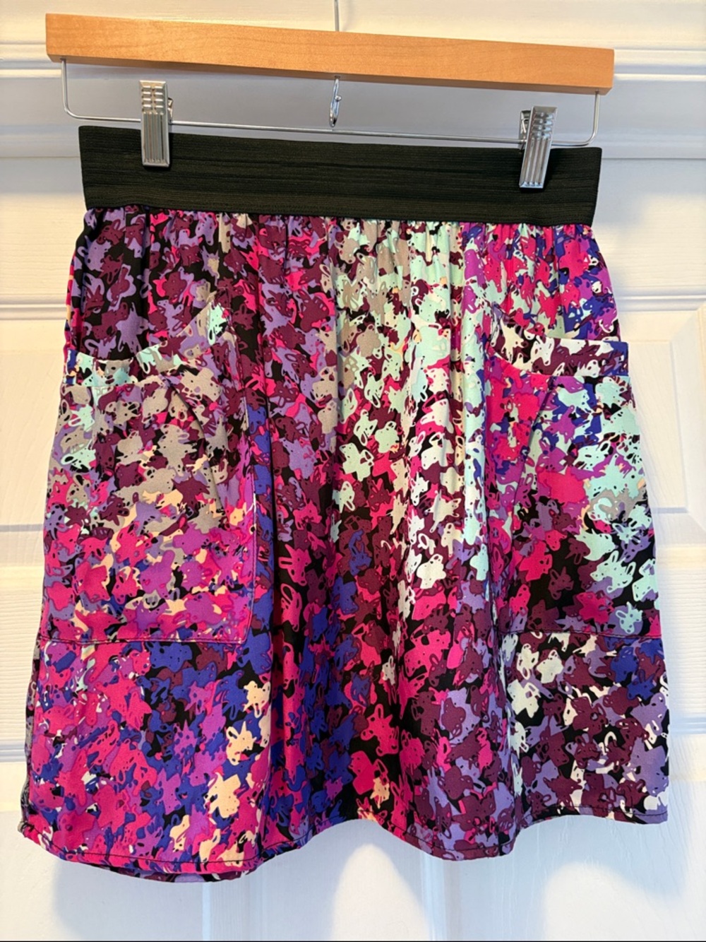 Abstract Pink & Purple Mini Skirt with Black Waistband